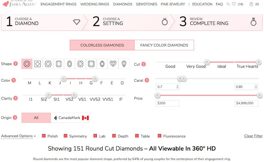 James Allen Auswahl-Filter-Fenster für Diamanten mit den eigestellten Vorgaben 